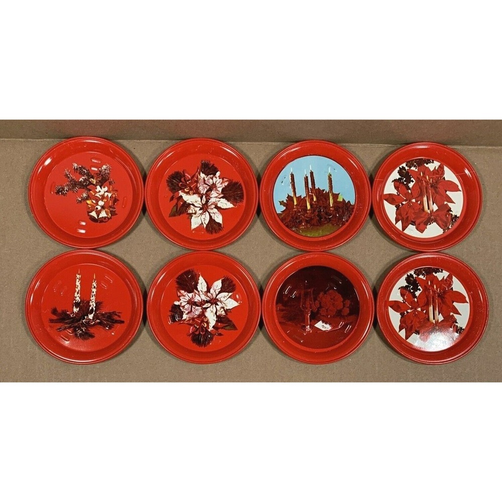 Vintage Christmas Coasters Set of 8 Red Holiday Poinsettia Candle Decor 1970s - Picture 1 of 11